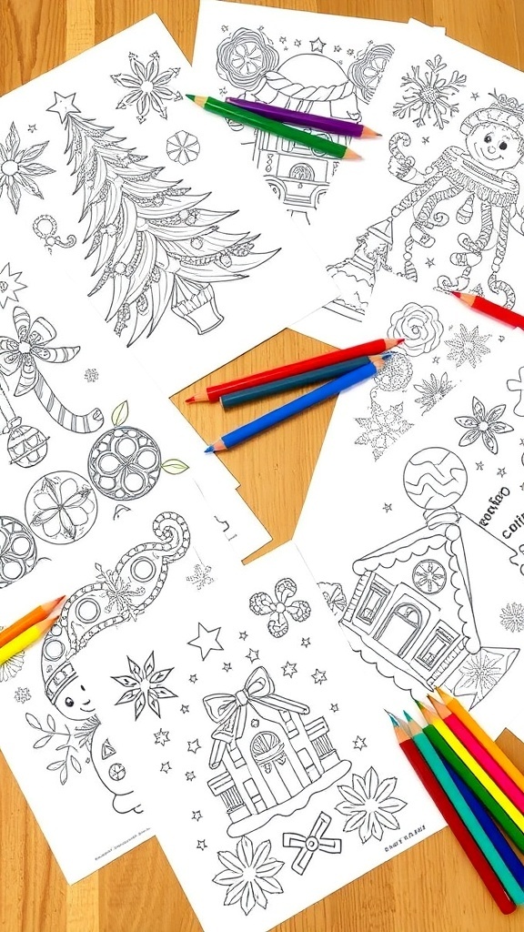 A variety of Christmas coloring pages with detailed designs, including a Christmas tree, snowman, and gingerbread house, alongside coloring tools.